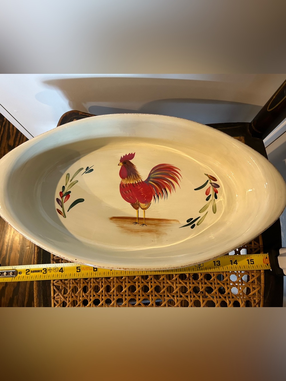 Vintage “Rooster” Oval Ceramic Casserole by Home- Cream and Red